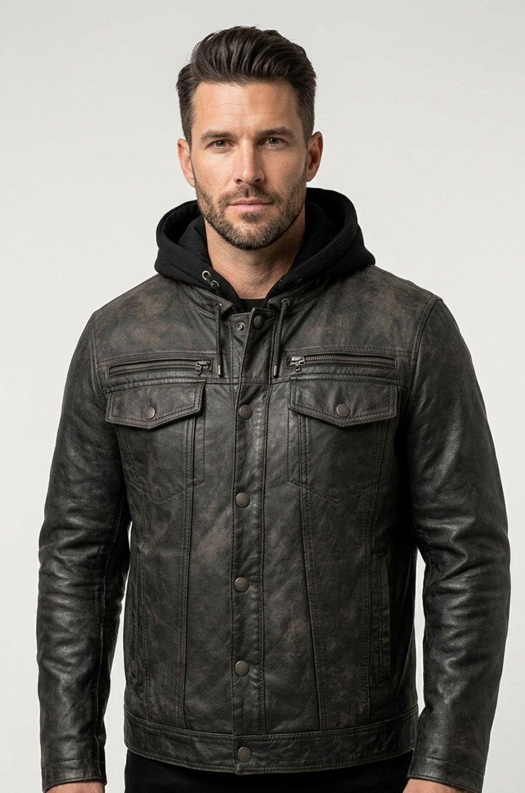 M050 Biker Black Hood Motorcycle Coat Latest Men's Real Leather Jacket