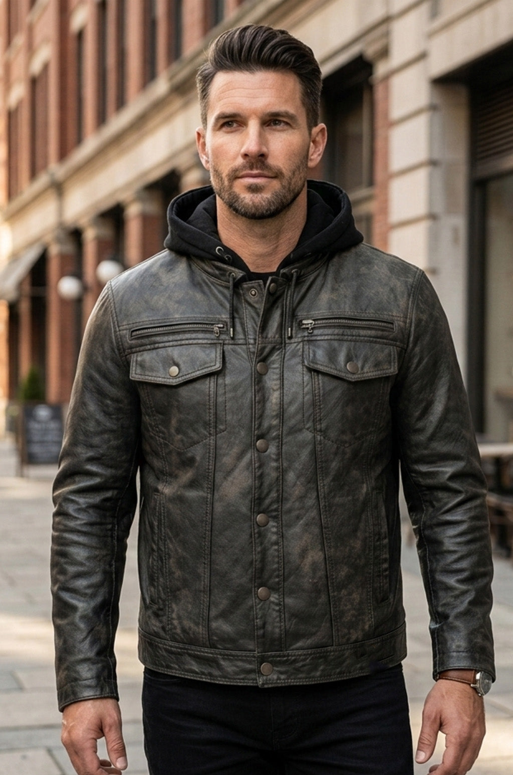 M050 Biker Black Hood Motorcycle Coat Latest Men's Real Leather Jacket