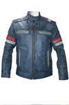 M052 Blue Cafe Racer Vintage Biker Distressed Motorcycle Jacket For Men