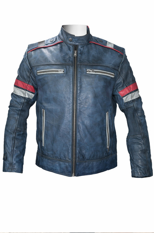 M052 Blue Cafe Racer Vintage Biker Distressed Motorcycle Jacket For Men