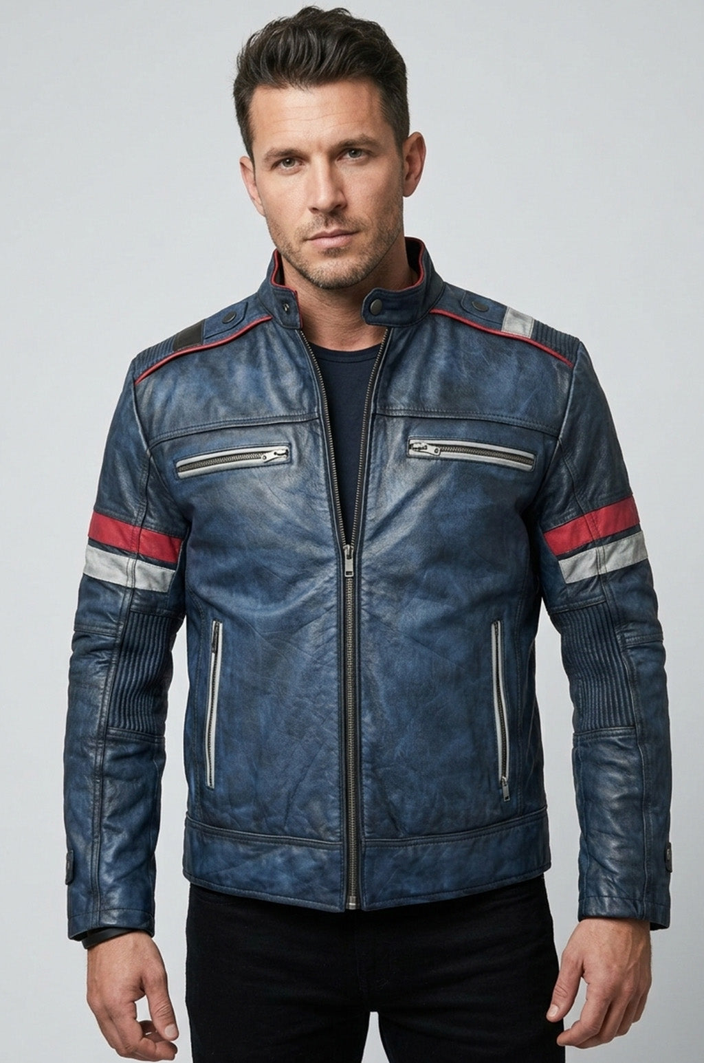 M052 Blue Cafe Racer Vintage Biker Distressed Motorcycle Jacket For Men
