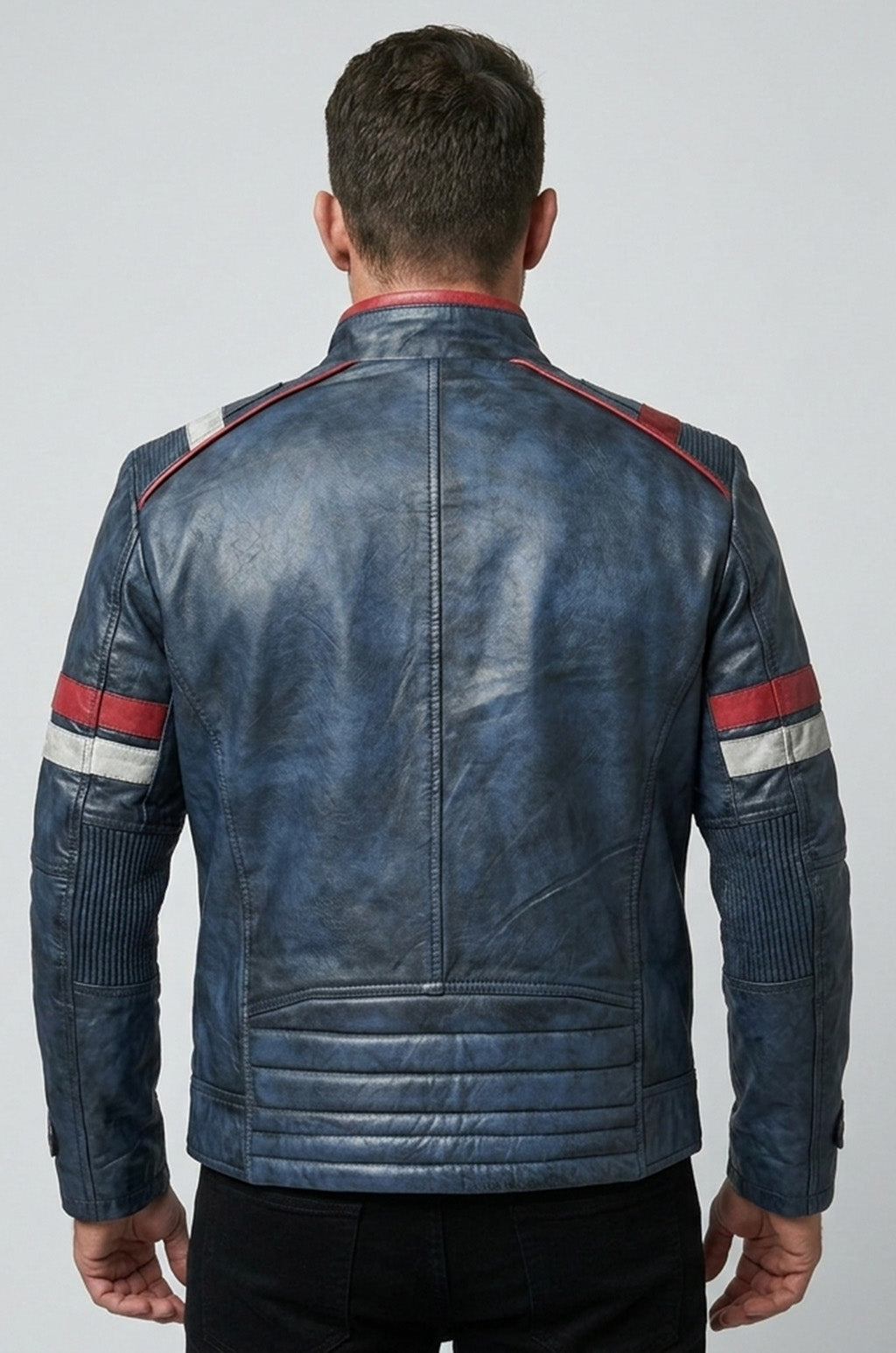 M052 Blue Cafe Racer Vintage Biker Distressed Motorcycle Jacket For Men