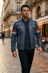 M052 Blue Cafe Racer Vintage Biker Distressed Motorcycle Jacket For Men