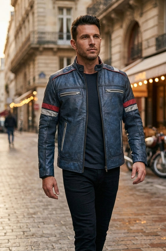 M052 Blue Cafe Racer Vintage Biker Distressed Motorcycle Jacket For Men