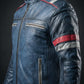 M052 Blue Cafe Racer Vintage Biker Distressed Motorcycle Jacket For Men