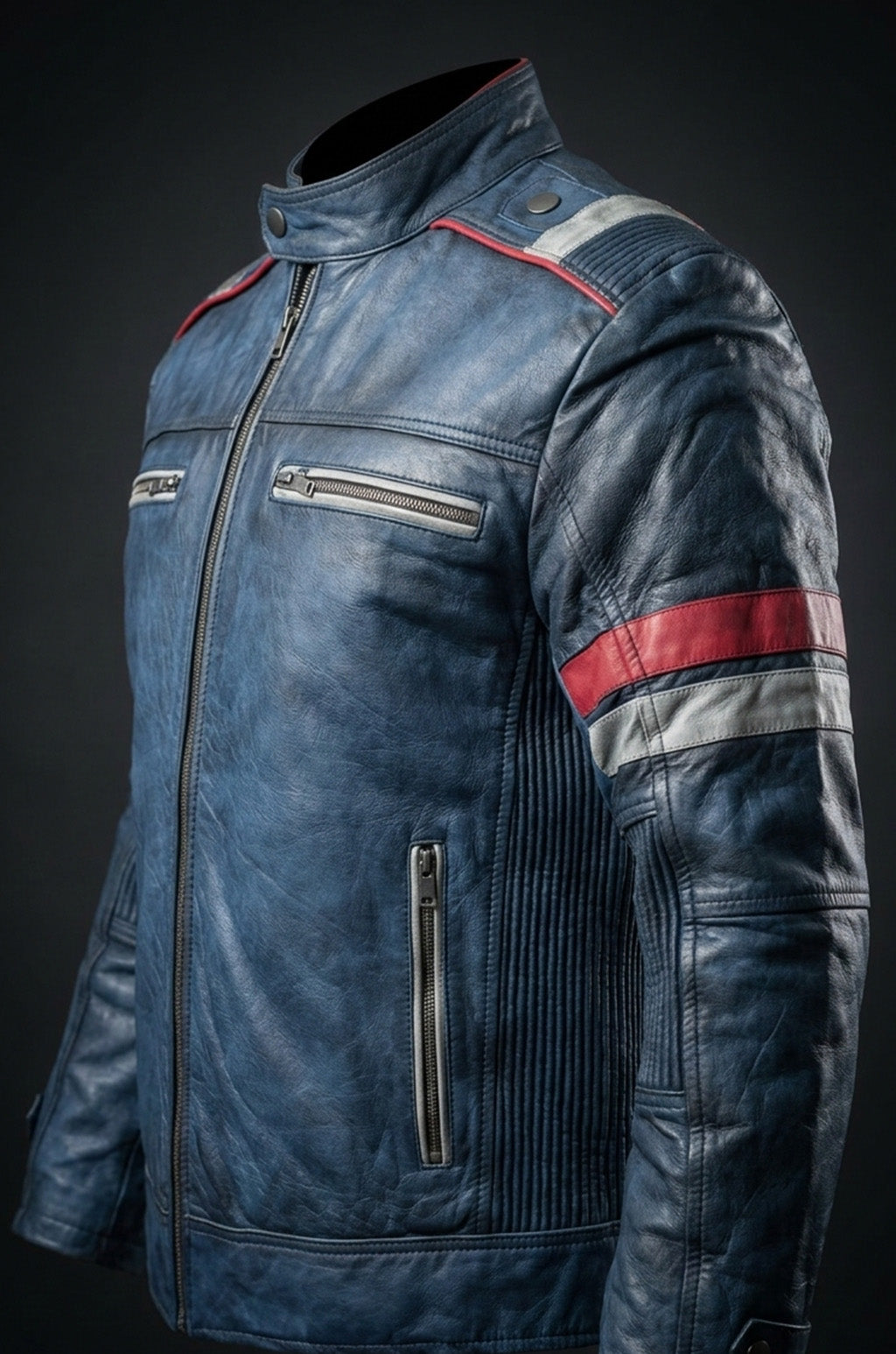 M052 Blue Cafe Racer Vintage Biker Distressed Motorcycle Jacket For Men