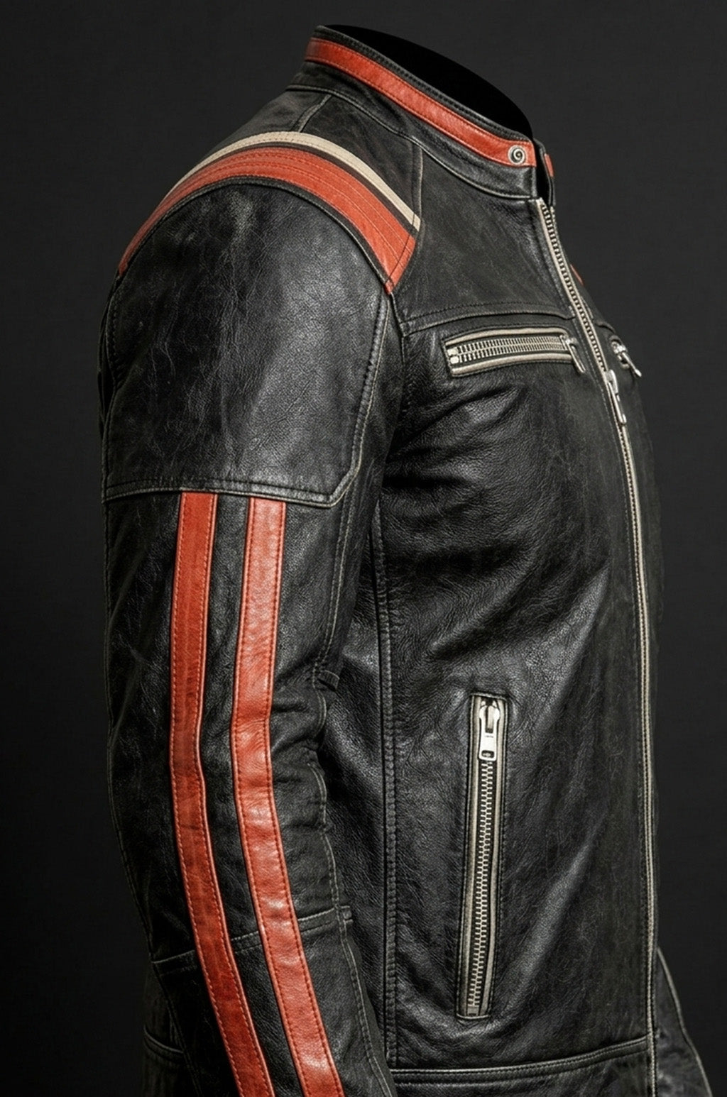 M053 Cafe Racer Retro 3 Vintage Distressed Motorcycle Black Jacket