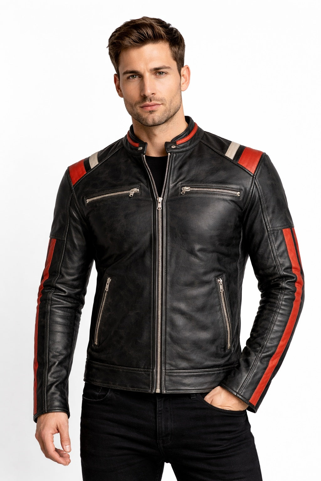 M053 Cafe Racer Retro 3 Vintage Distressed Motorcycle Black Jacket