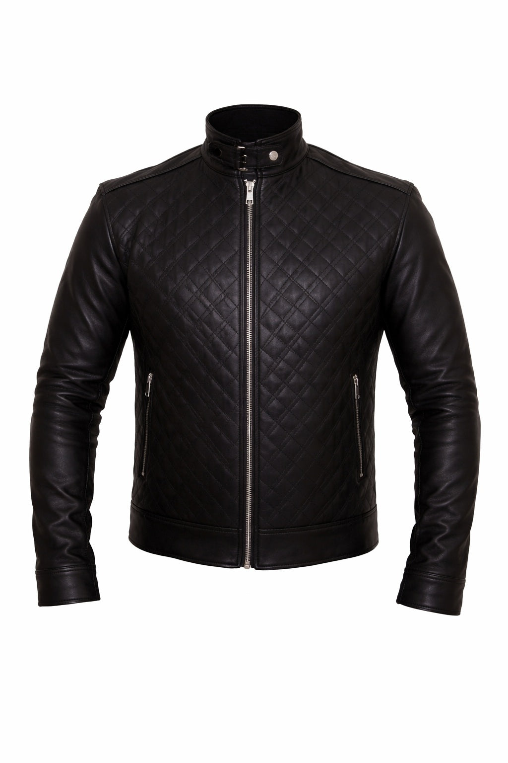 M068 Quilted Black Fashion Cafe Racer Real Leather Jacket For Men