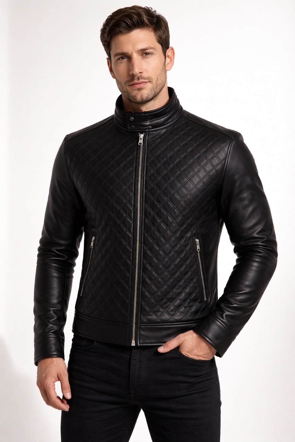 M068 Quilted Black Fashion Cafe Racer Real Leather Jacket For Men