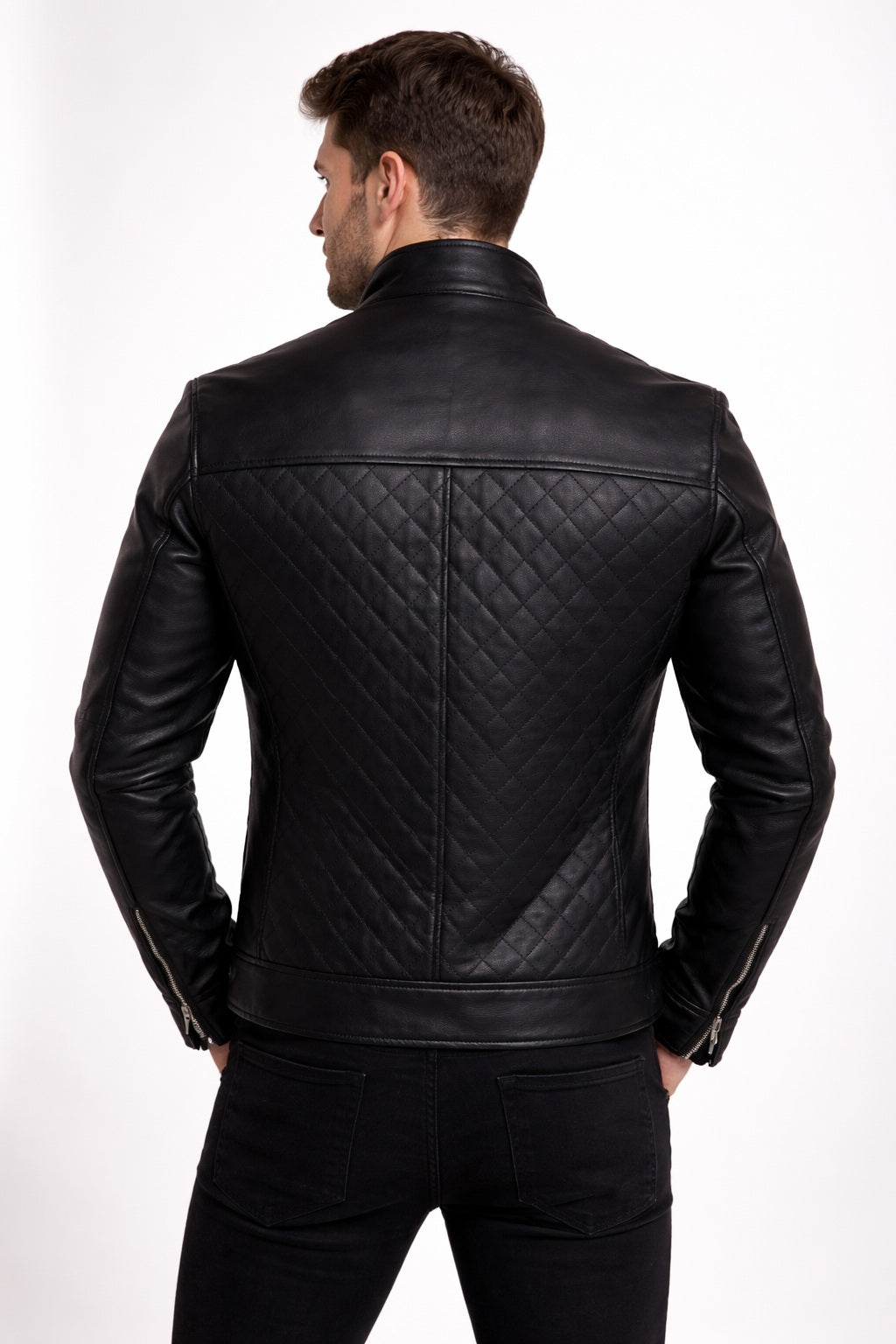 M068 Quilted Black Fashion Cafe Racer Real Leather Jacket For Men