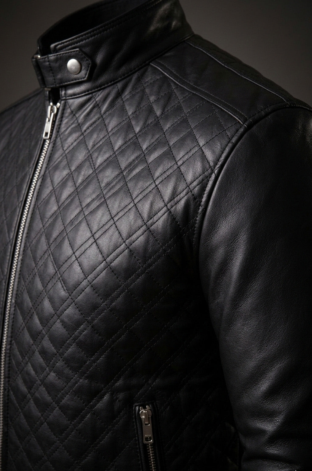 M068 Quilted Black Fashion Cafe Racer Real Leather Jacket For Men