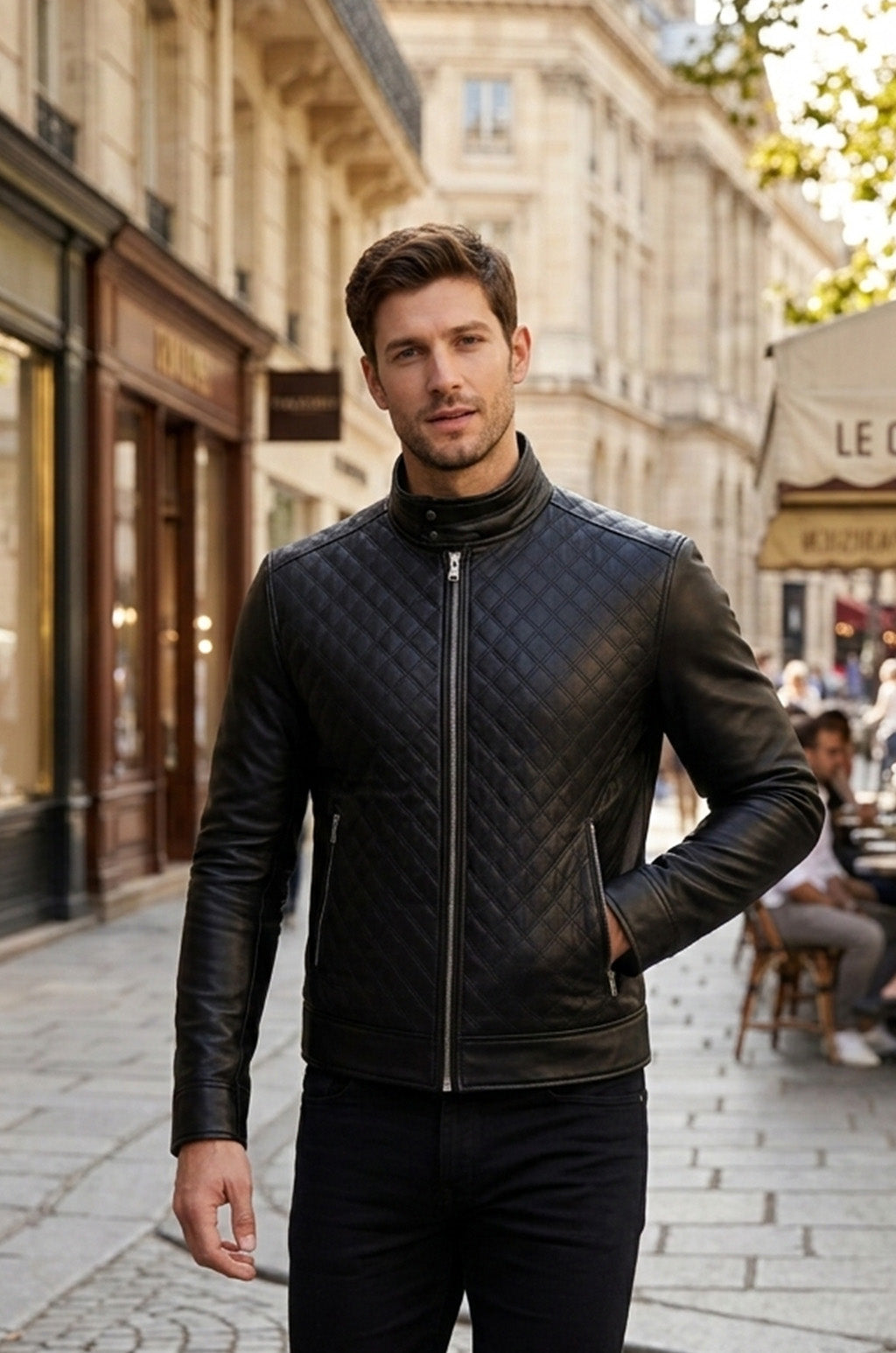 M068 Quilted Black Fashion Cafe Racer Real Leather Jacket For Men