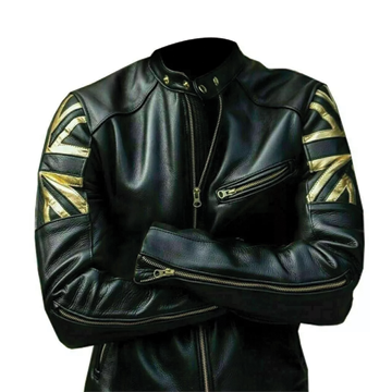 M070 Men UK Flag Real Leather Biker Jacket Black - Cafe Racer Jacket