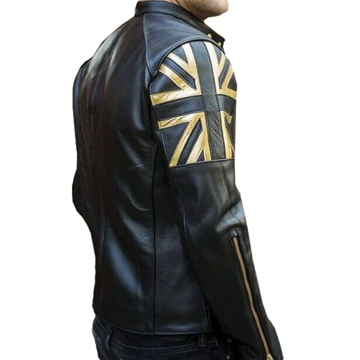 M070 Men UK Flag Real Leather Biker Jacket Black - Cafe Racer Jacket