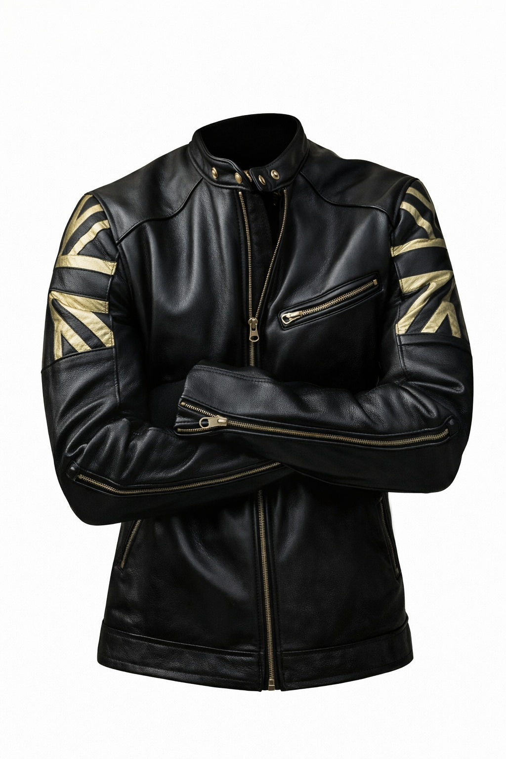 M070 Men UK Flag Real Leather Biker Jacket Black - Cafe Racer Jacket
