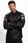 M070 Men UK Flag Real Leather Biker Jacket Black - Cafe Racer Jacket