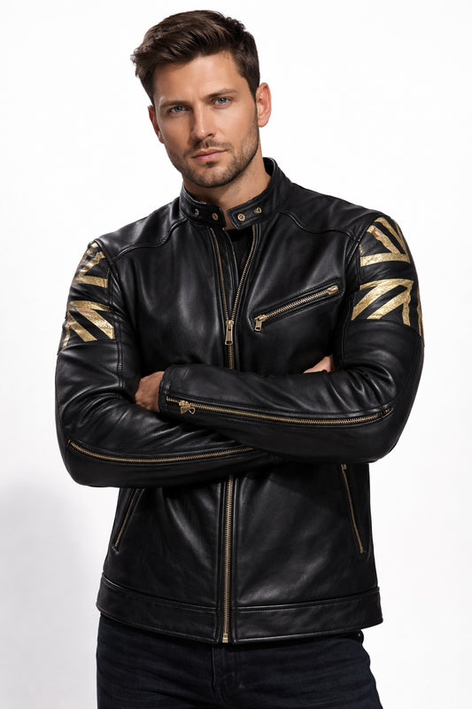 M070 Men UK Flag Real Leather Biker Jacket Black - Cafe Racer Jacket