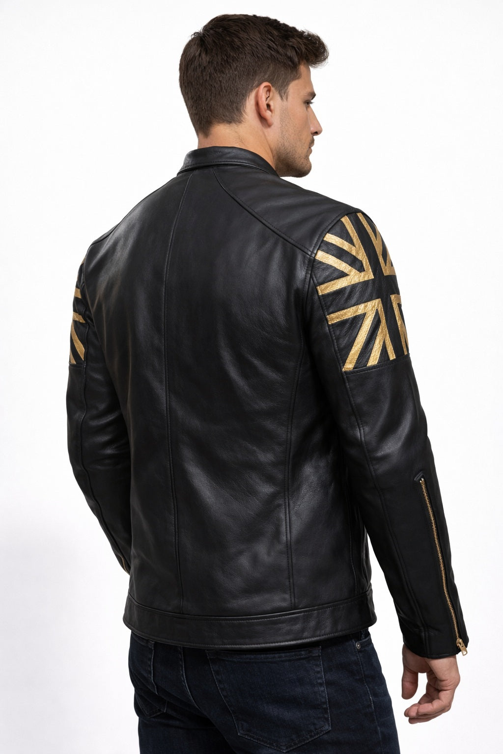 M070 Men UK Flag Real Leather Biker Jacket Black - Cafe Racer Jacket