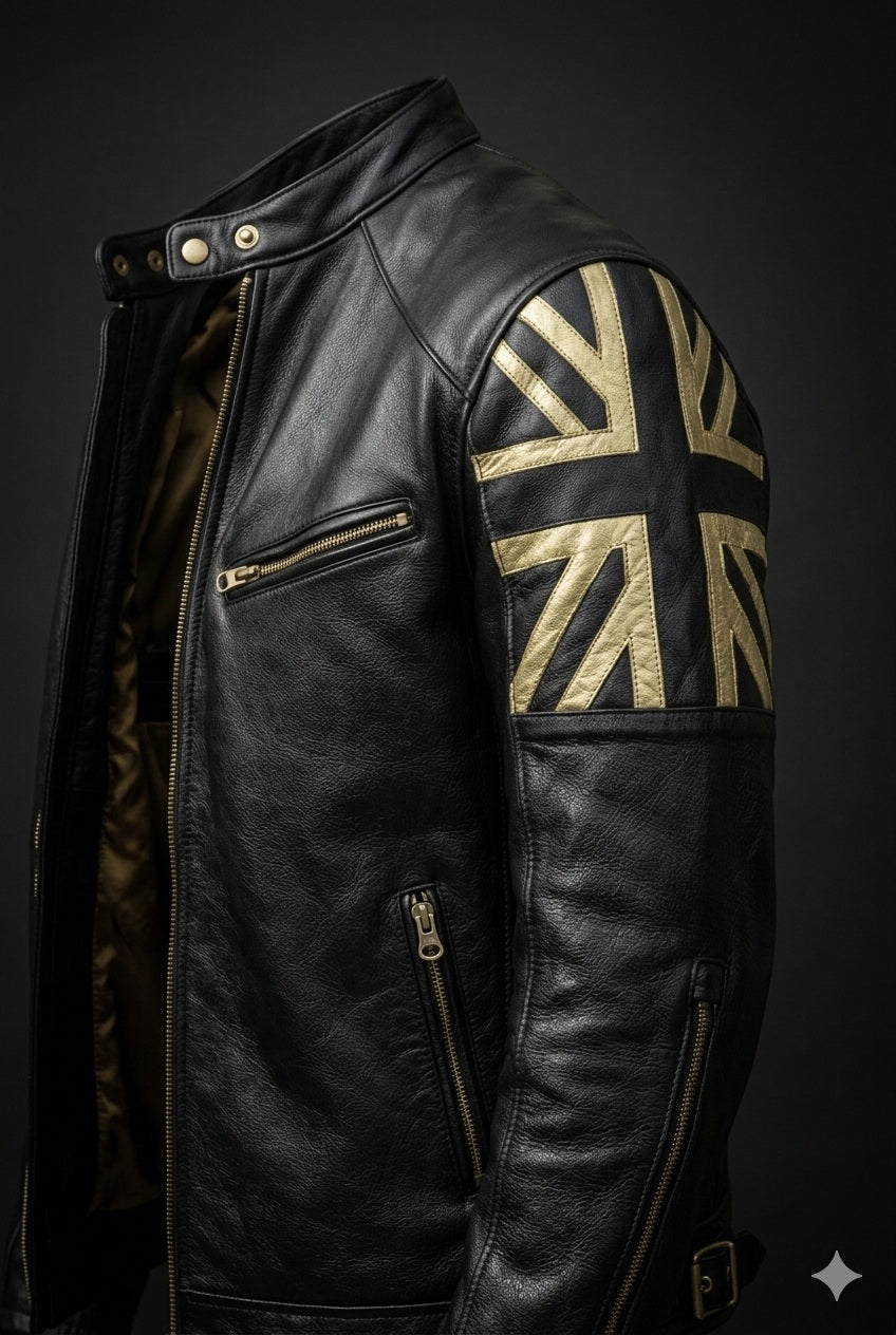 M070 Men UK Flag Real Leather Biker Jacket Black - Cafe Racer Jacket