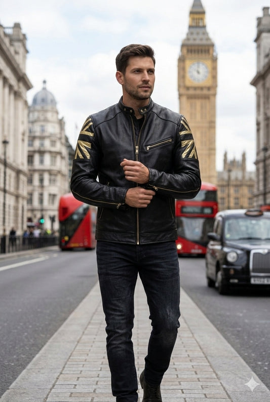 M070 Men UK Flag Real Leather Biker Jacket Black - Cafe Racer Jacket