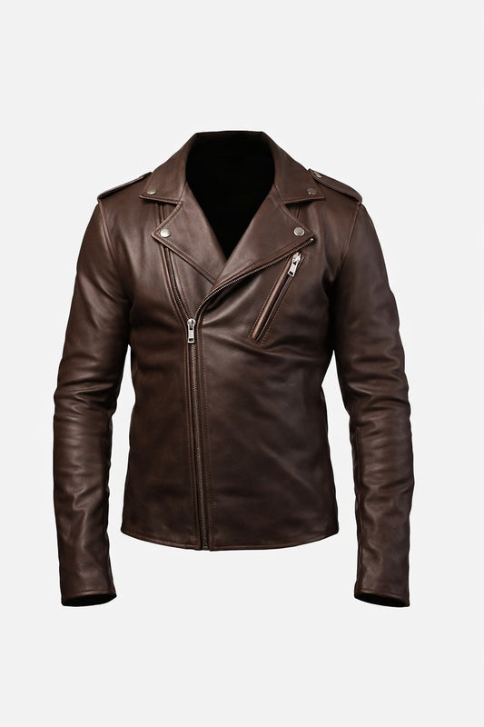 M072 Men New Classic Army Style Real Leather Biker Casual Jacket Brown
