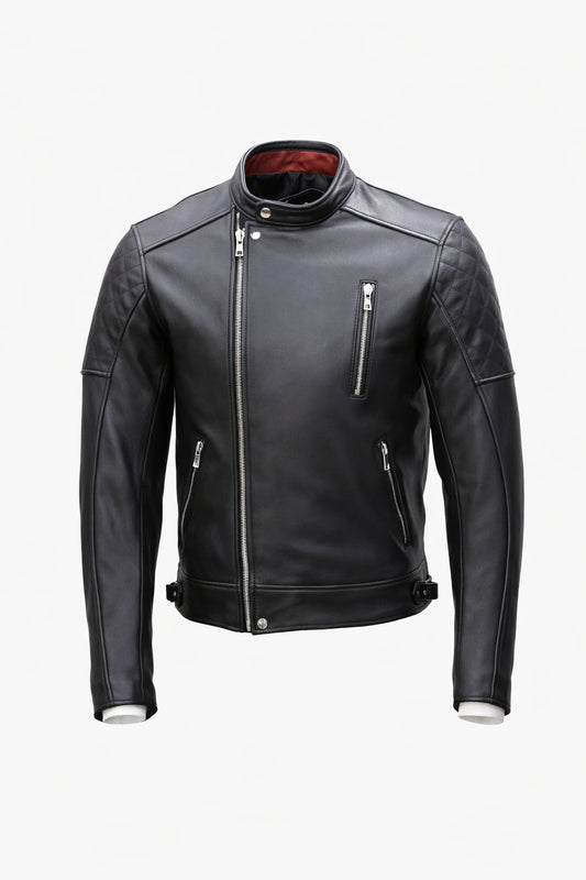 M071 Men Biker Real Leather Jacket Black - Cafe Racer Jacket