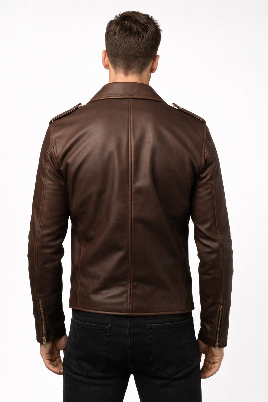 M072 Men New Classic Army Style Real Leather Biker Casual Jacket Brown