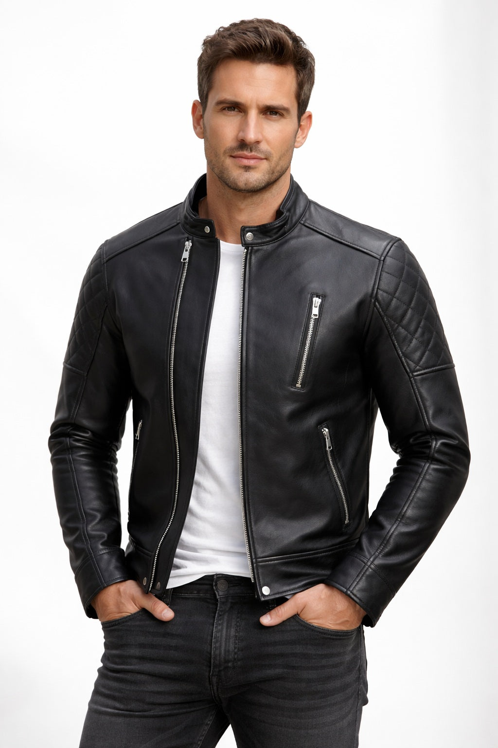 M071 Men Biker Real Leather Jacket Black - Cafe Racer Jacket