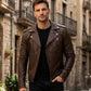 M072 Men New Classic Army Style Real Leather Biker Casual Jacket Brown