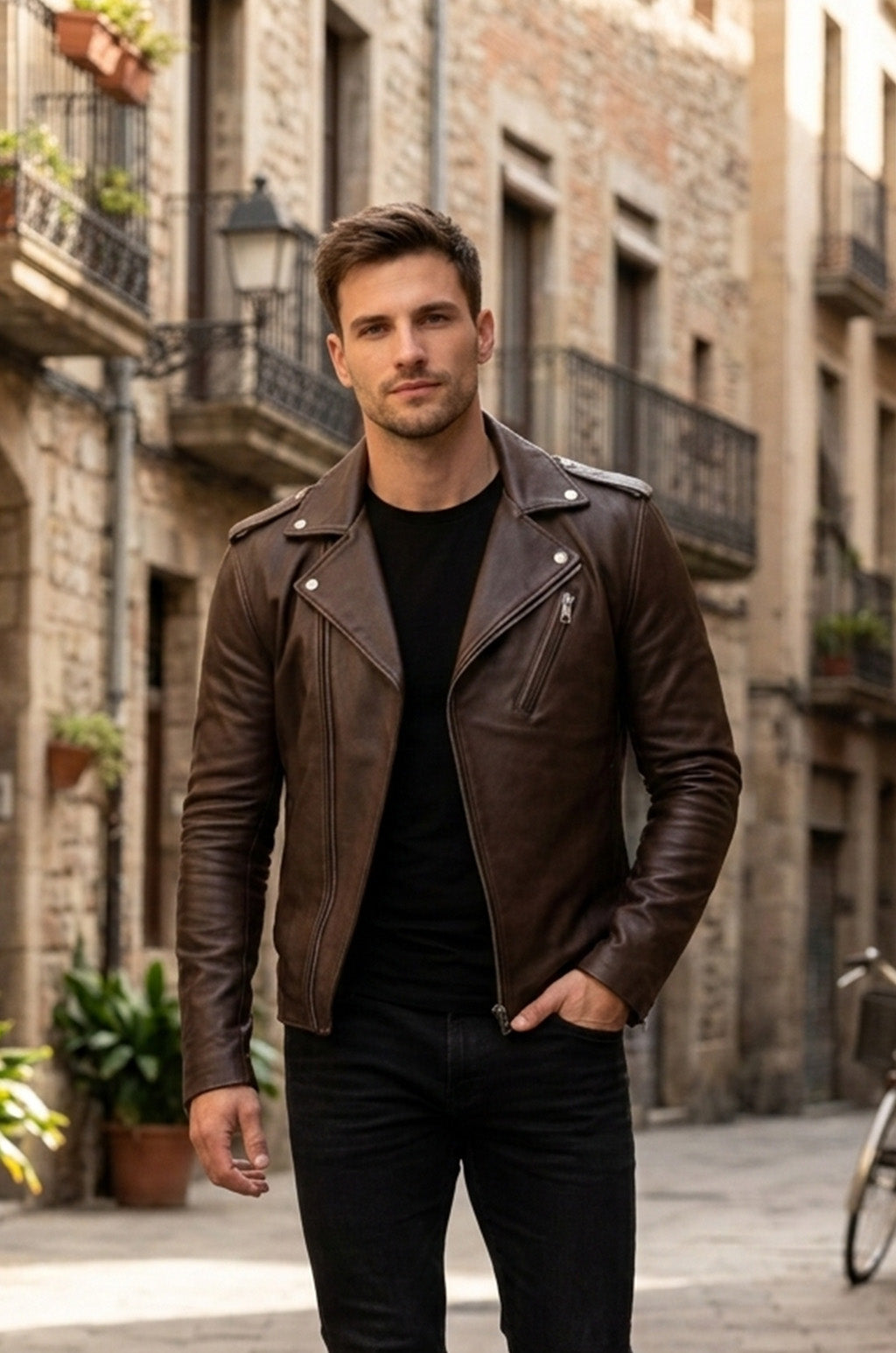 M072 Men New Classic Army Style Real Leather Biker Casual Jacket Brown