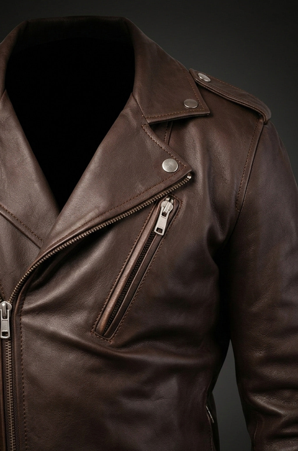 M072 Men New Classic Army Style Real Leather Biker Casual Jacket Brown
