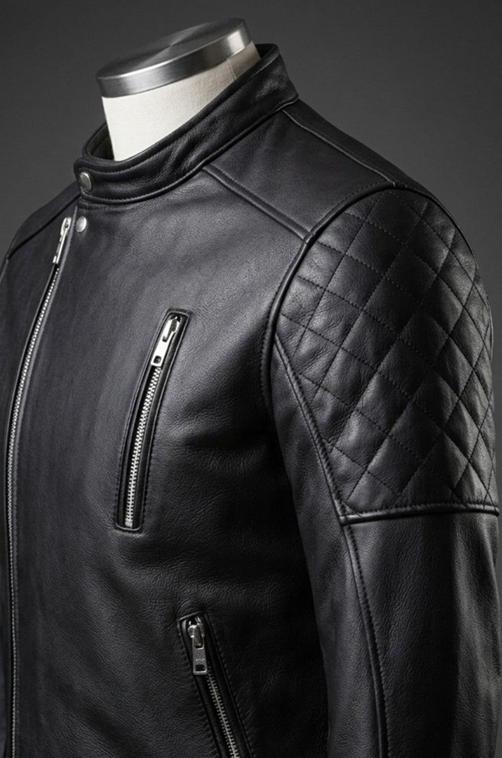 M071 Men Biker Real Leather Jacket Black - Cafe Racer Jacket