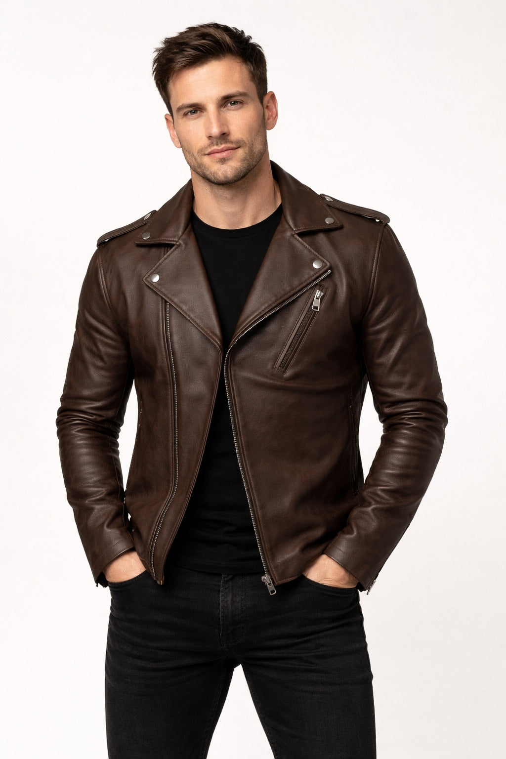 M072 Men New Classic Army Style Real Leather Biker Casual Jacket Brown