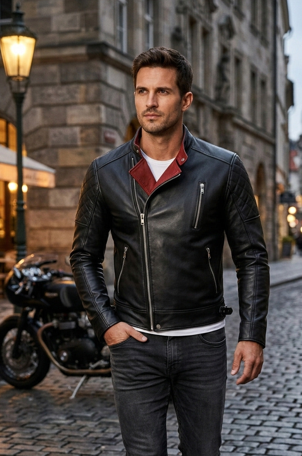 M071 Men Biker Real Leather Jacket Black - Cafe Racer Jacket