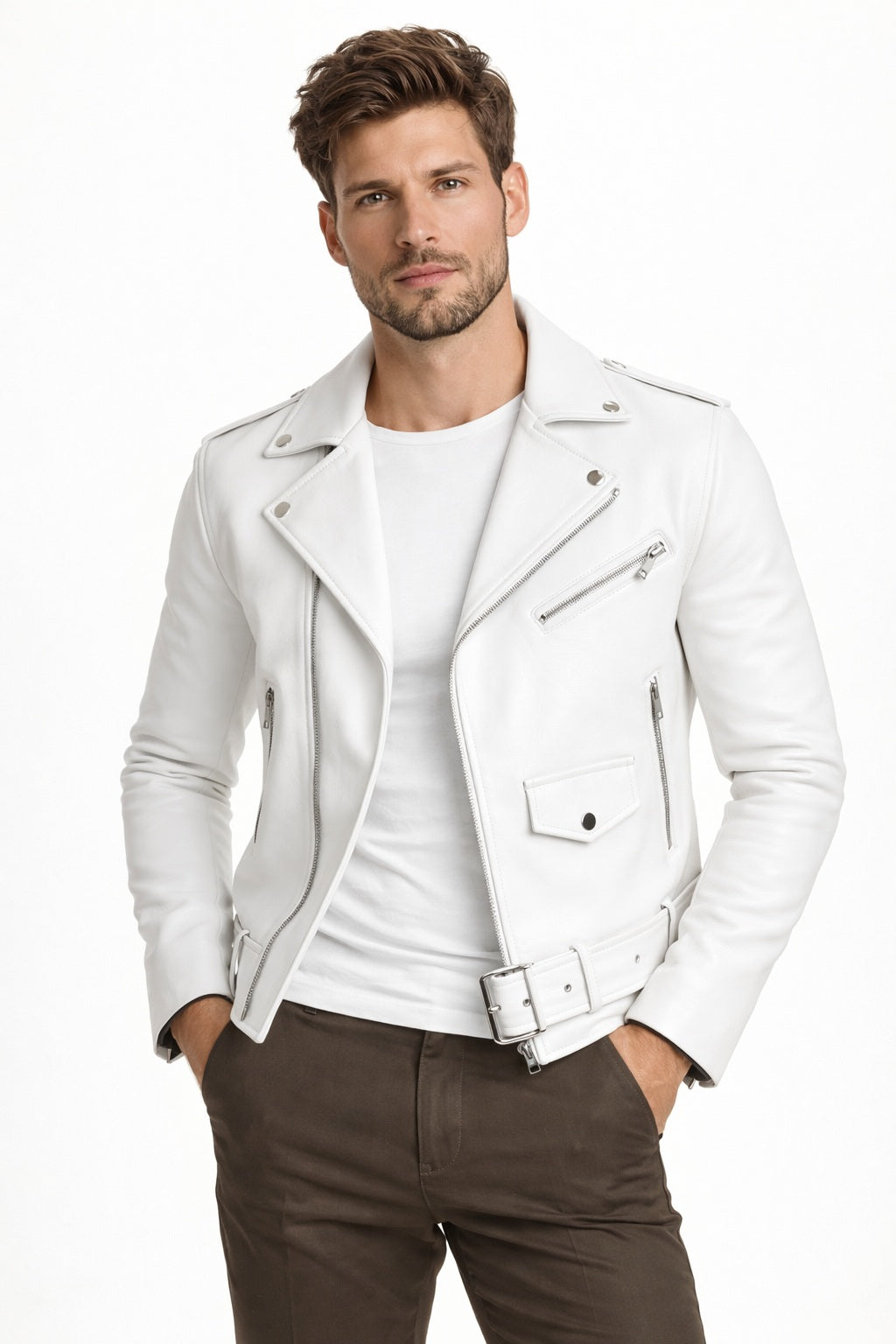 M073 New Mens Real Classic Leather Cross Zipper Jacket