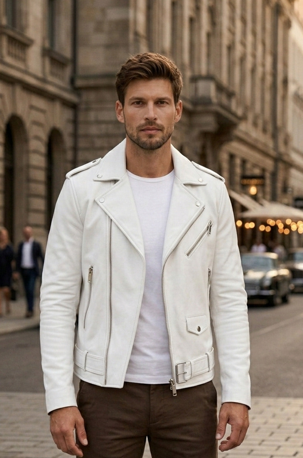 M073 New Mens Real Classic Leather Cross Zipper Jacket