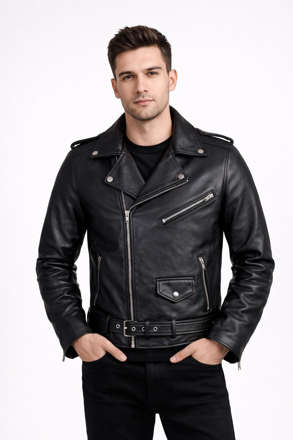 M075 Black Brando Real Leather Jacket