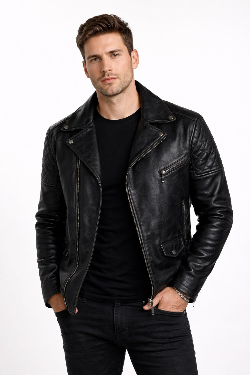 M077 Free Authentic Black Wallet Real Leather Jacket