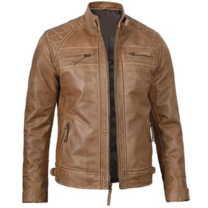 M078 Men Motorcycle Biker Real Leather Jacket Camel Brown