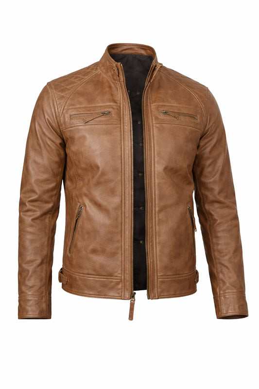 M078 New Men Army Style Classic Motorcycle Biker Real Leather Genuine Jacket Brown