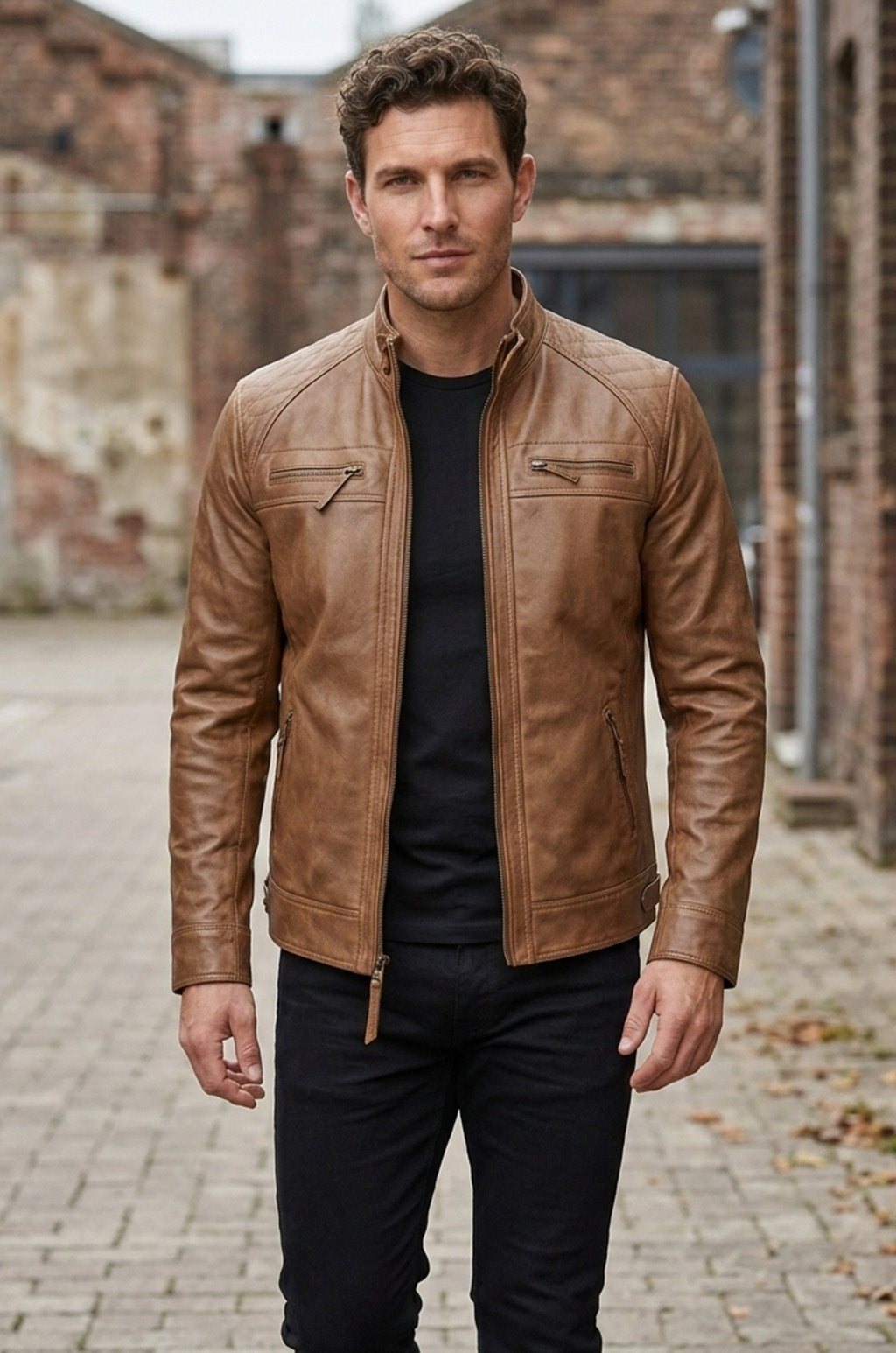 M078 New Men Army Style Classic Motorcycle Biker Real Leather Genuine Jacket Brown