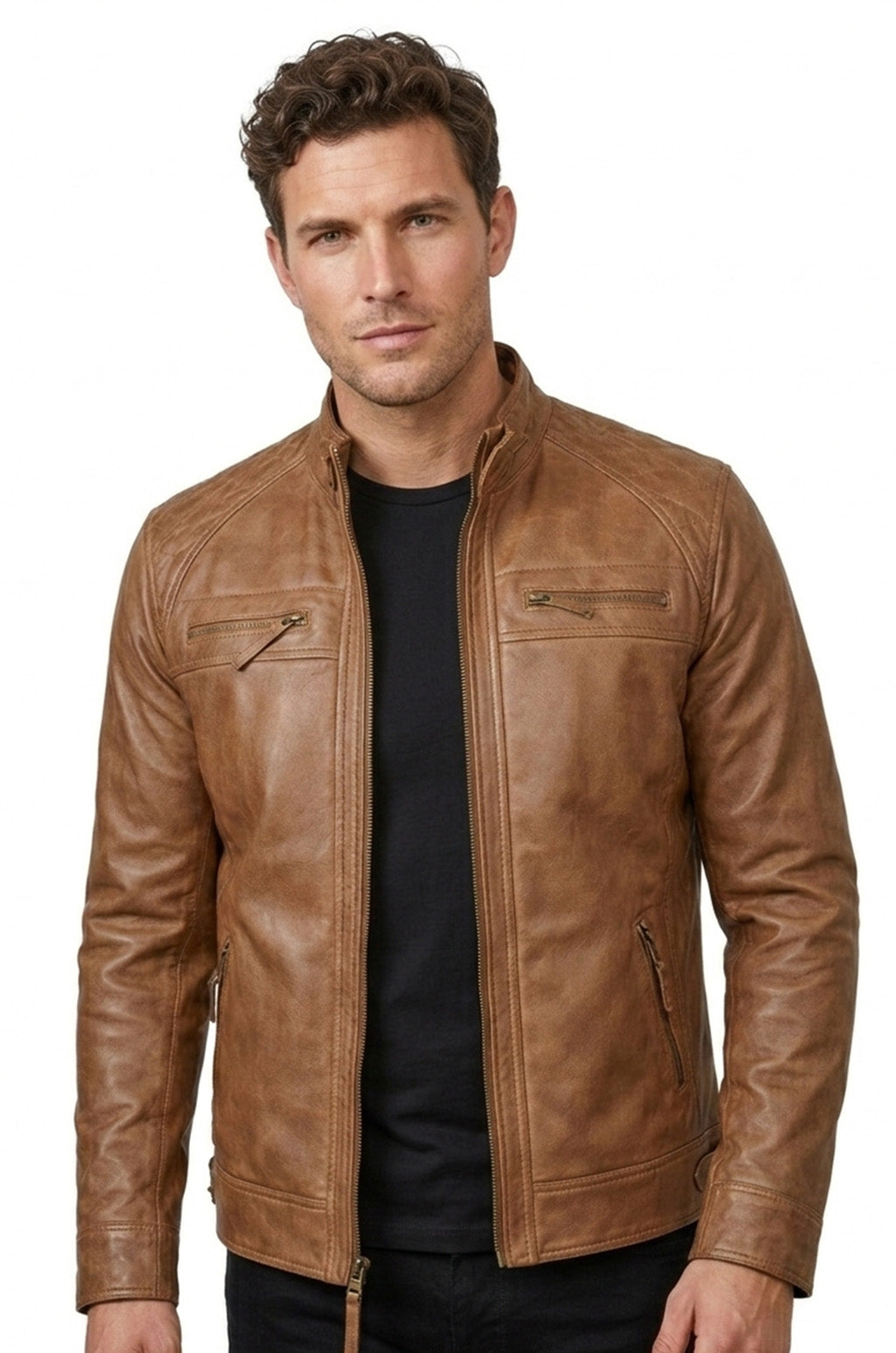 M078 New Men Army Style Classic Motorcycle Biker Real Leather Genuine Jacket Brown