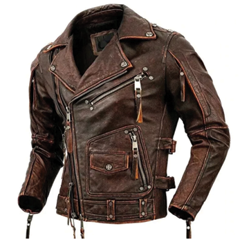 M079 Men Army Style Brown Vintage Motorcycle Real Leather Biker Classic Jacket