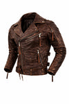 M079 Men Army Style Brown Vintage Motorcycle Real Leather Biker Classic Jacket