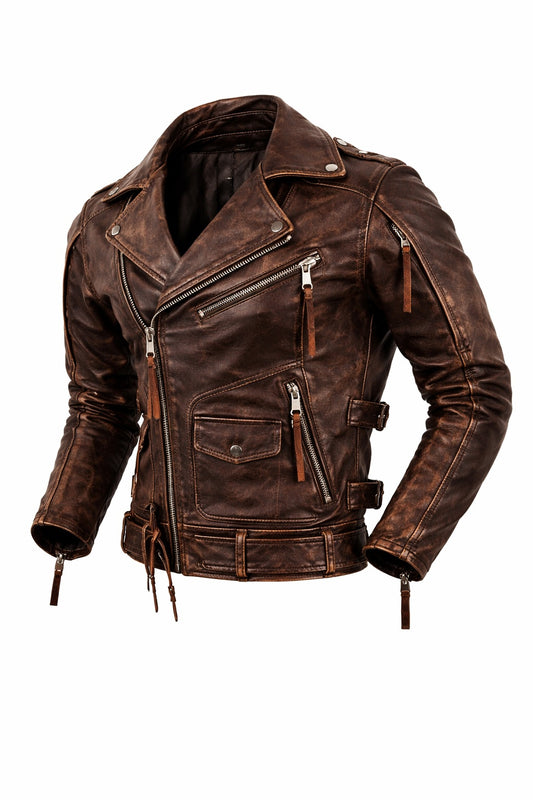 M079 Men Army Style Brown Vintage Motorcycle Real Leather Biker Classic Jacket