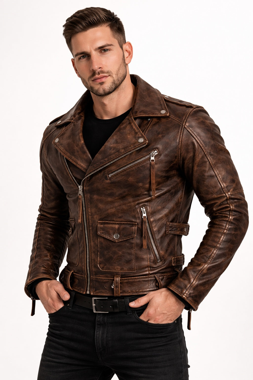 M079 Men Army Style Brown Vintage Motorcycle Real Leather Biker Classic Jacket