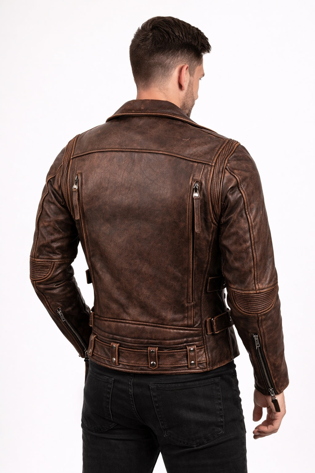 M079 Men Army Style Brown Vintage Motorcycle Real Leather Biker Classic Jacket