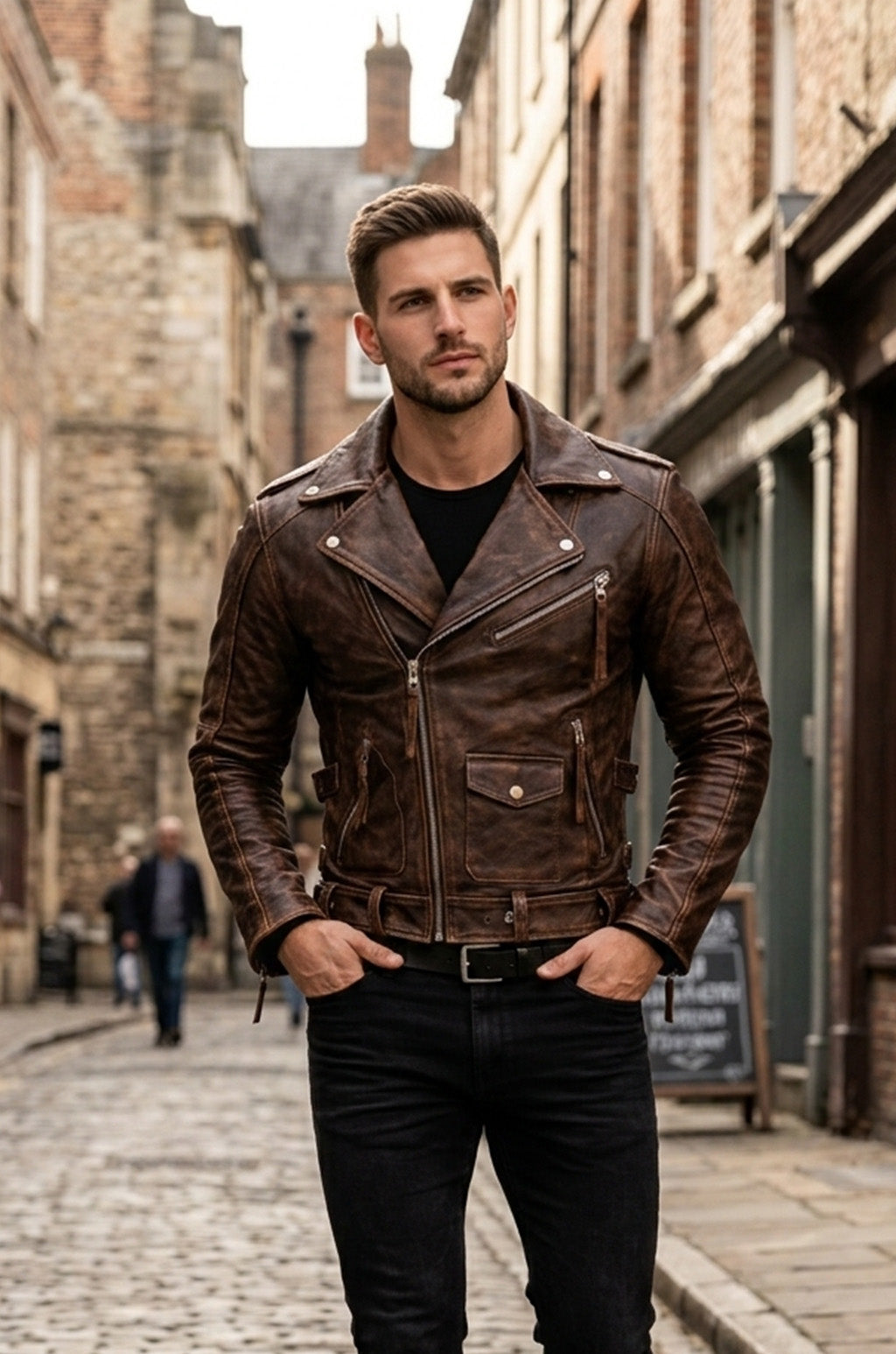 M079 Men Army Style Brown Vintage Motorcycle Real Leather Biker Classic Jacket