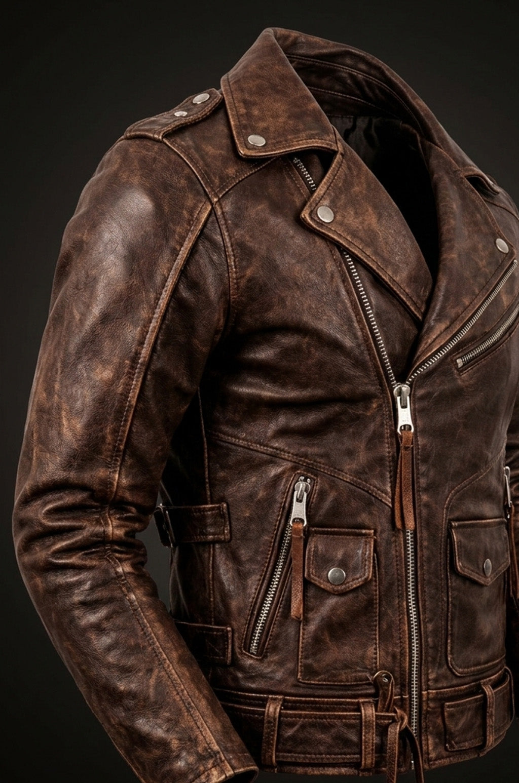 M079 Men Army Style Brown Vintage Motorcycle Real Leather Biker Classic Jacket